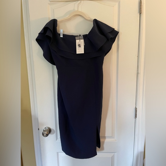 Women Ruffled Off,The,Shoulder Bodycon Dress, Navy size US 10/L - Picture 6 of 9